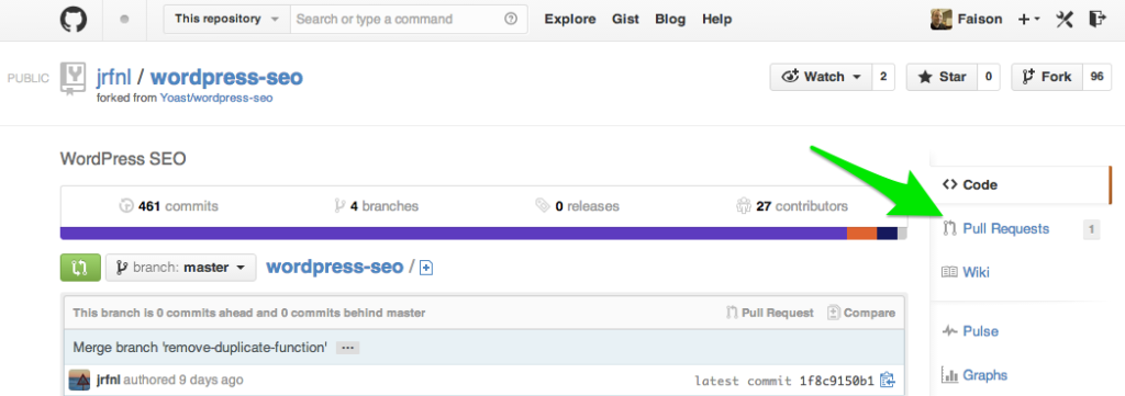 The location of "Pull Requests" on a GitHub repo