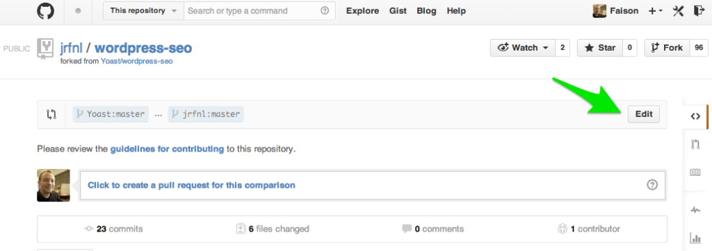 Edit the GitHub repos being compared in the pull request