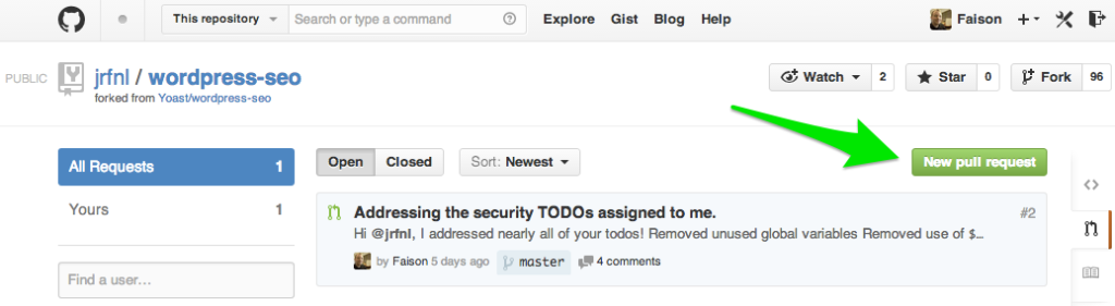 Location of the "New pull request" button on GitHub
