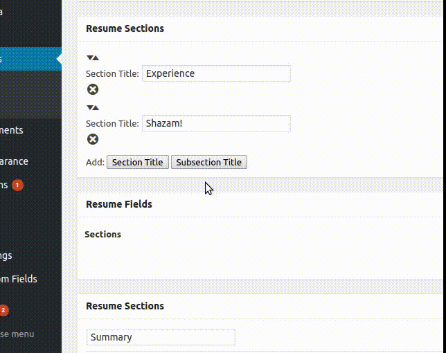 Added support for dynamically adding field types to the resume builder